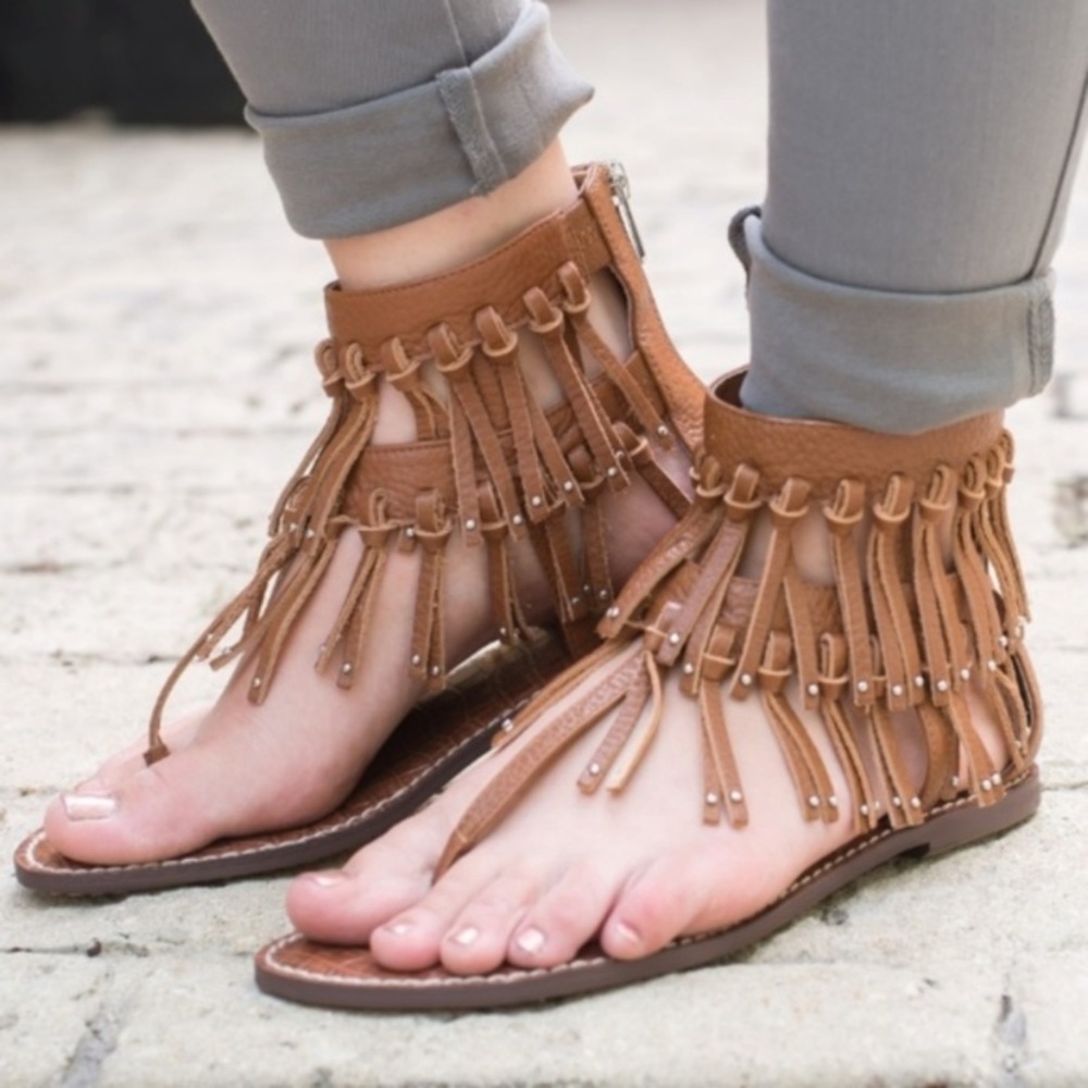 Sam Edelman “Griffen” Leather Brown fringe gladiator sandals 7.5M NWT